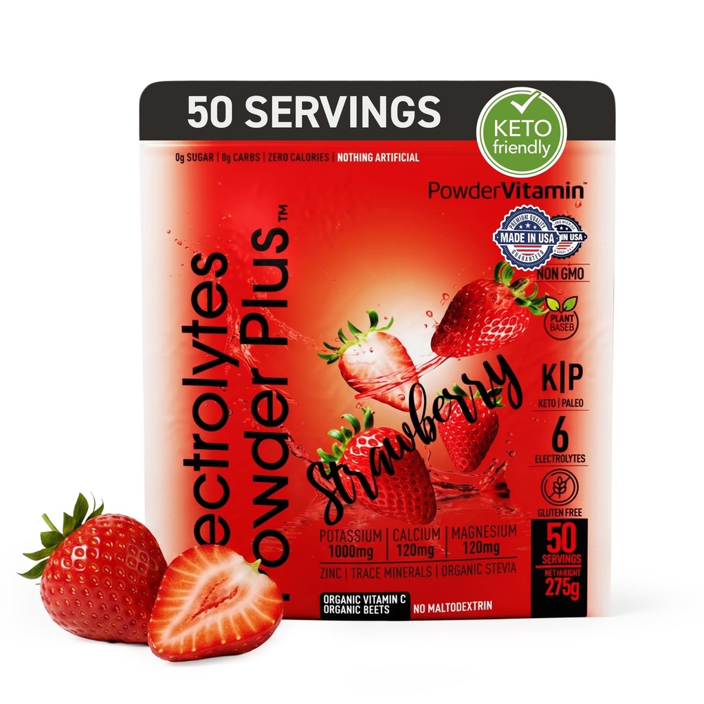 TozVitamin Electrolytes Toz Plus Keto, Strawberry (50 hizmet) 0 Sugar, No Maltodextrin,1000 mg Pyum,120 mguba,120 mg Magnezyum,Organic Vitamin C,Zero Calories, Enerji Hydration Toz