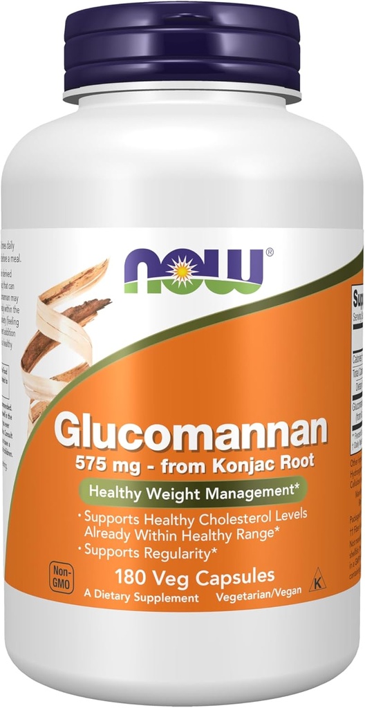 NOW Συμπληρώματα διατροφής, Glucomannan (Amorphophallus konjac) 575 mg, Υποστηρίζει την κανονικότητα *, Υγιεινή διαχείριση βάρους *, 180 κάψουλες Veg