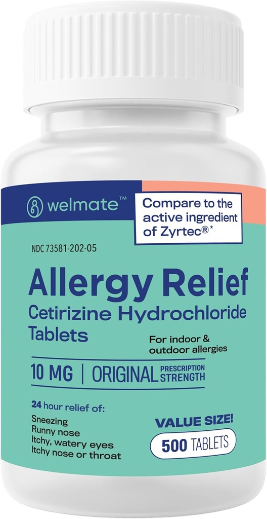 WELMATE - Antivirüs Yardımı - Cetirizine HCl 10 mg - 24 Saat Antihistamin - Drowsy - Sneezing - Runny Nose - Itchy Eyes & Throat - Kapalı & Açık Alerjiler Yardım Tabletleri - 500 Tablet