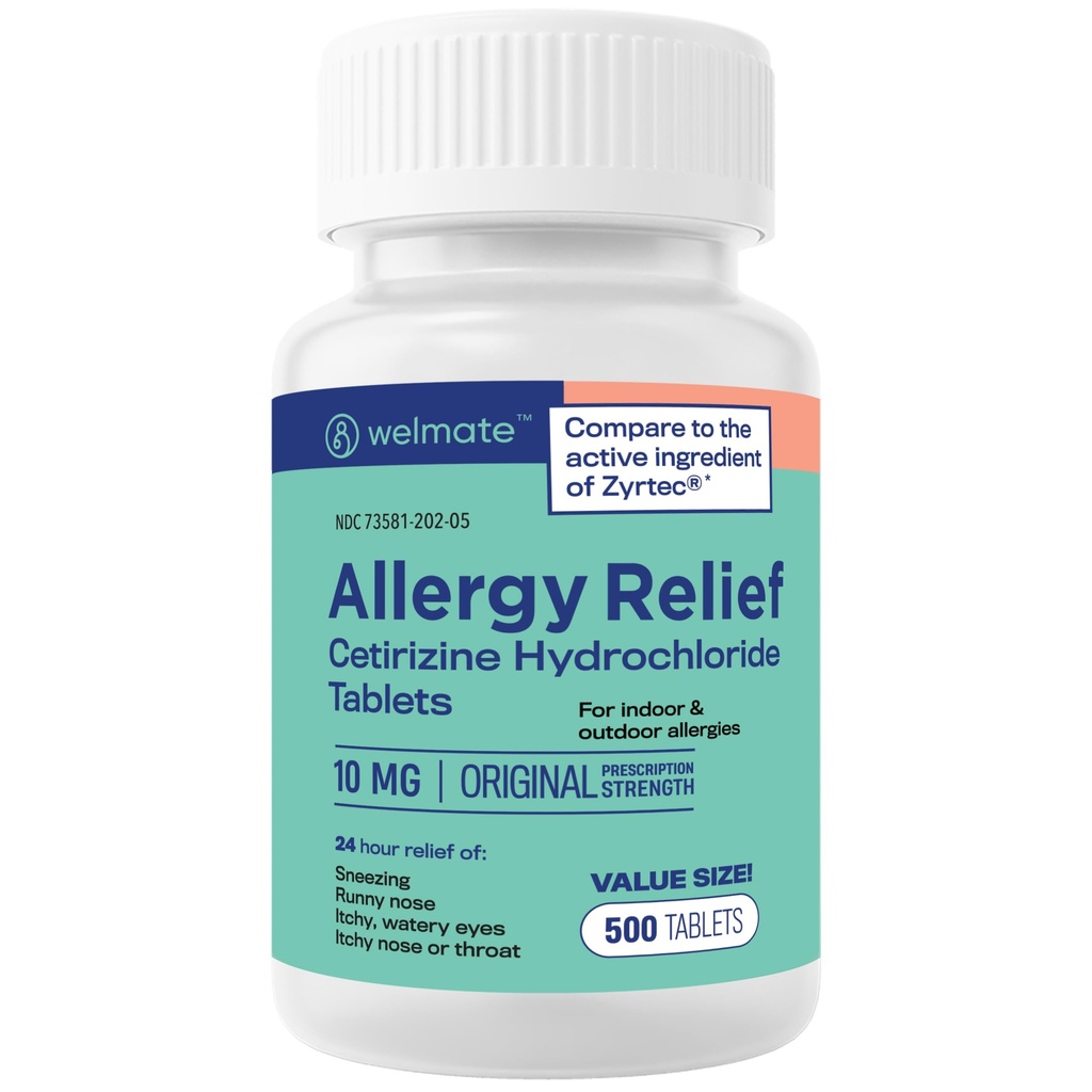WELMATE - Antivirüs Yardımı - Cetirizine HCl 10 mg - 24 Saat Antihistamin - Drowsy - Sneezing - Runny Nose - Itchy Eyes & Throat - Kapalı & Açık Alerjiler Yardım Tabletleri - 500 Tablet