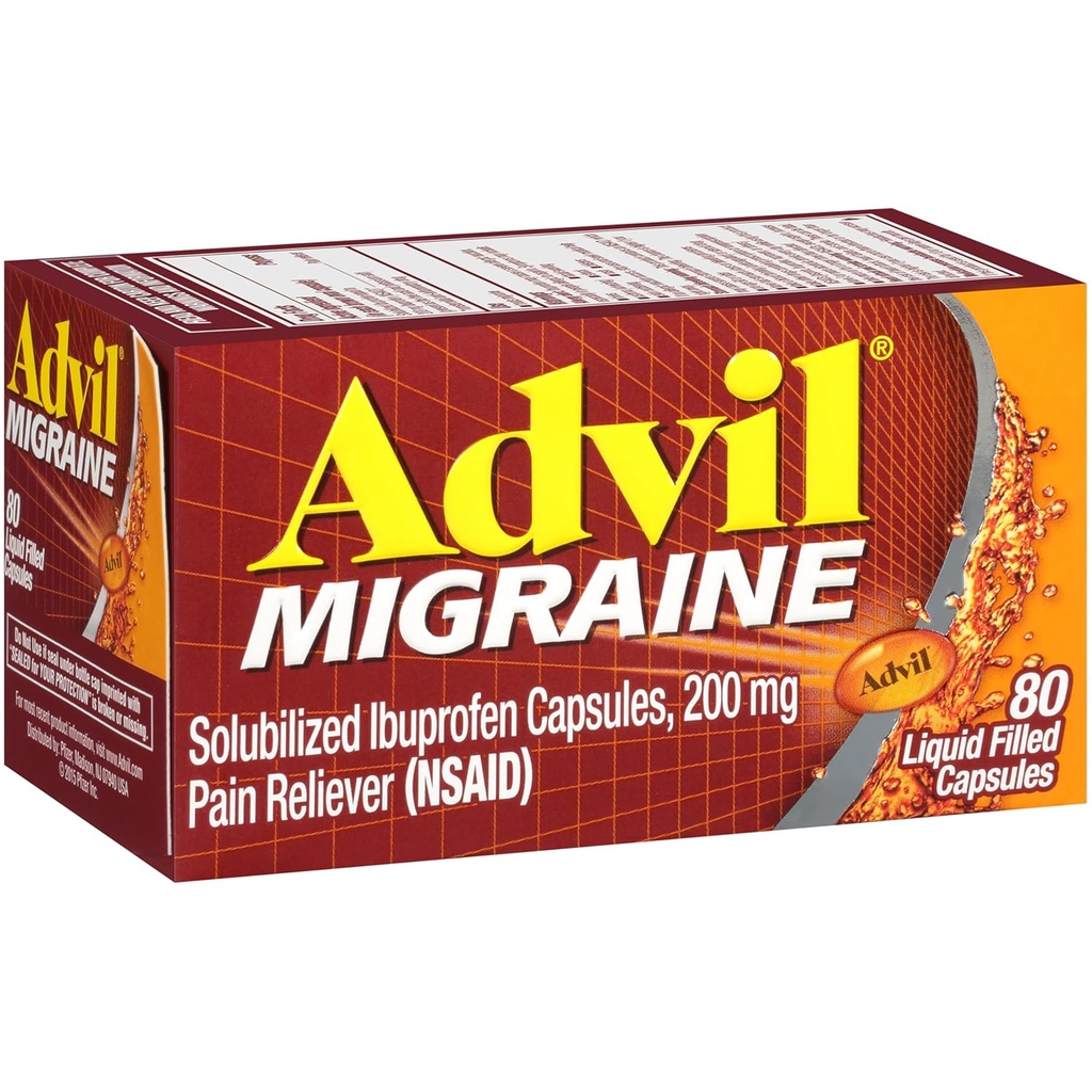 Advil Migraine Pain Reliever, Solubilized Ibuprofen 200 mg, 80 Kont, Liquid Filled Capsules, Güçlü Migraine Relief Relief