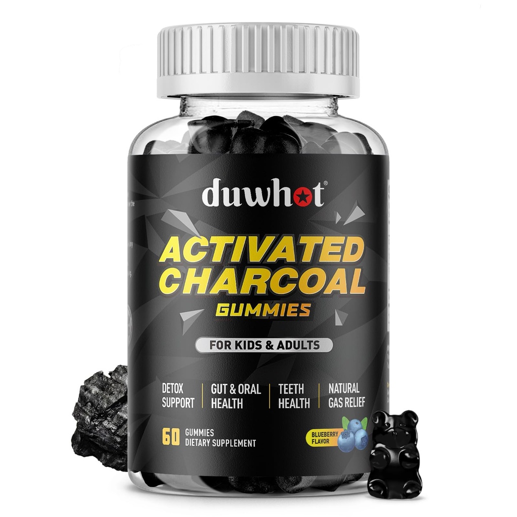 Çocuklar için Aktif Charcoal Gummies, 500 mg Chewable Aktif Charcoal Supplement for Gas Relief, Detox, Digestive and Oral Health, Vegan Blueberry Flavor, 60 Kont