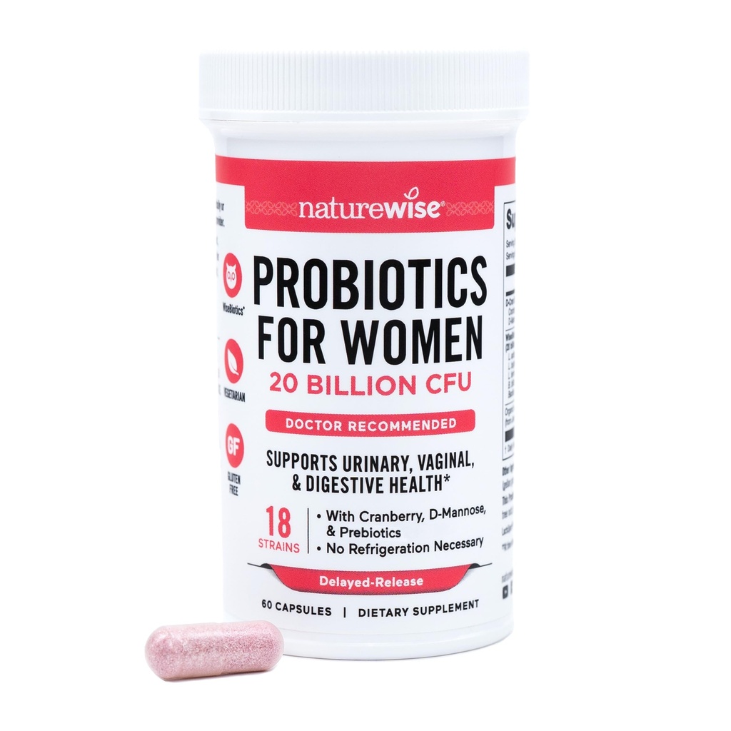 NatureWise Probiotics for Women + Organic Prebiotics D-Mannose & Cranberry - Vaginal Probiotics for PH Balance, Digestive & Urinary Tract - 18 Strains, 20 Billion CFU - 60 Capsules[60-Day Supply]