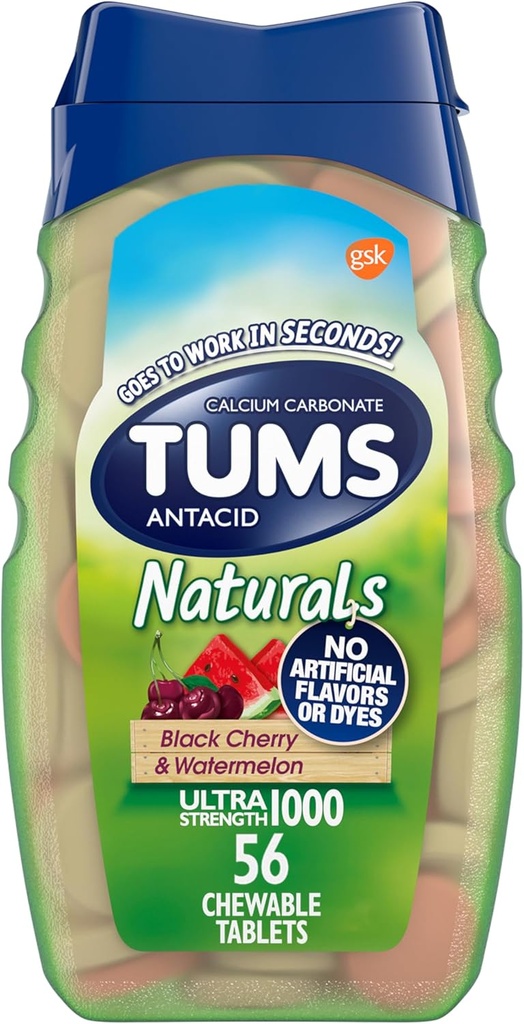 TUMS Naturals Ultra Strength Antacid Chews for Heartburn Relief, Black Cherry & Watermelon - 56 Kont