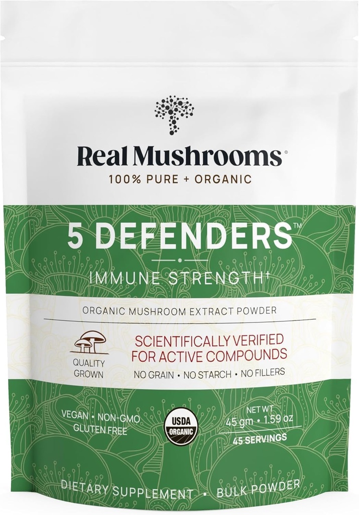 Real Mushrooms 5 Defenders Mushroom Kompleksi - Chaga, Shiitake, Maitake, Reishi, Türkiye Tail Mushroom Mix for Wellness Support with Beta Glucans - 45 Servisler