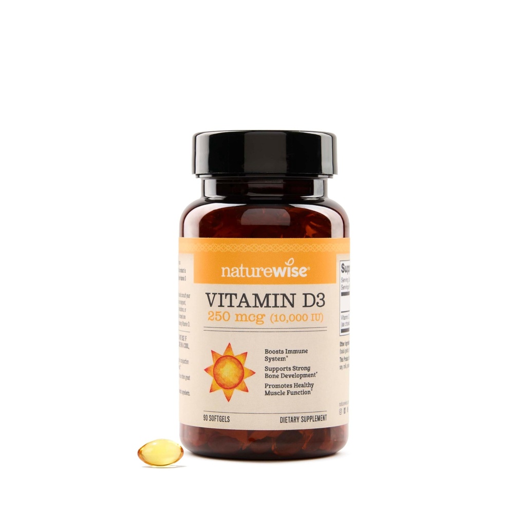 NatureWise Vitamin D3 10.000IU (250 mcg) 90-Day Supply - Sağlıklı Immune Support & Muscle Function, Non-GMO, Gluten-Free in Organic Extra Virgin Olive Oil, (Mini Softgel), 90 Count