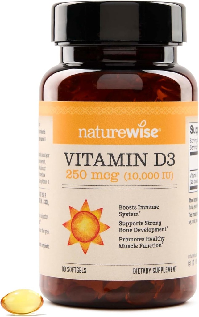 NatureWise Vitamin D3 10.000IU (250 mcg) 90-Day Supply - Sağlıklı Immune Support & Muscle Function, Non-GMO, Gluten-Free in Organic Extra Virgin Olive Oil, (Mini Softgel), 90 Count