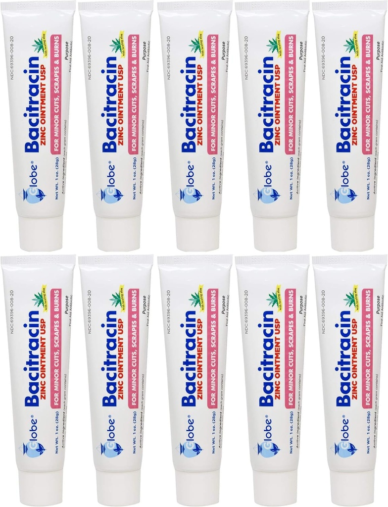 Globe Bacitracin çinko Ointment 1 oz | Antibiyotik Ointment | Essential Antibiyotik İlk Yardım Malzemeleri | İyileştirme Eylem | En Antibiyotik Güç | kesimlerdeki enfeksiyon, hurdalar, yanılar | 10 PACK |
