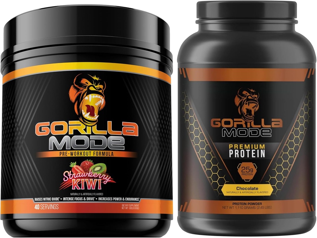 Gorilla μυαλό προ προπόνηση (Strawberry Kiwi) + Premium πρωτεΐνη ορού γάλακτος (Chocolate) - συνολική στοίβα για την τροφοδοσία μέγιστων αποτελεσμάτων
