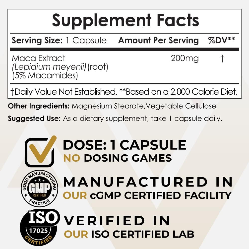 Maca Extract Capsules |% 5 Macamids | Lepidium meyenii | Mood, Energy, and Vitality | 60 Count