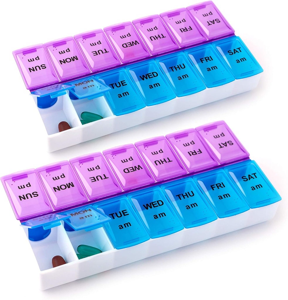 Deke Home - Pill Organizer 2 φορές την ημέρα (2 Pack), Weekly AM Pill Box, 7 ημέρα πρωί και νύχτα Ιατρική Organizer, BPA-free καθημερινή βιταμίνη εμπορευματοκιβώτιο, Easy Open Travel Pill Case, 7.8"x3.6"x1.3"