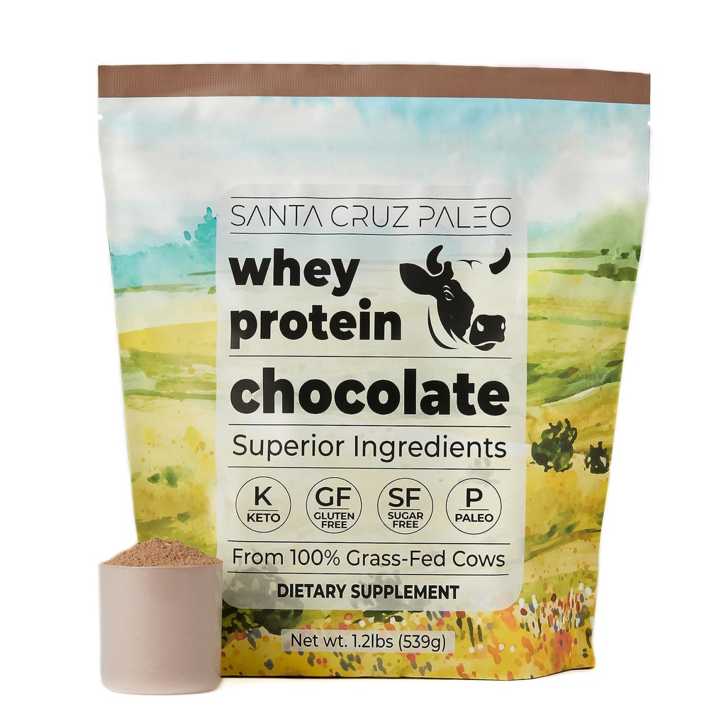 Santa Cruz Paleo Whey Protein Powder, Chocolate Flavor, 20 G Grass Fed Whey Protein Isolate Per Serving, Gluten Free, Paleo & Keto Friendly, No Sugar Added, Protein Shake Mix, 20 Servings, 1.2 lb Bag
