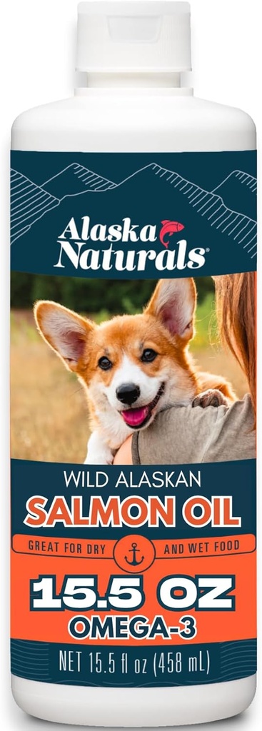 Alaska Naturals Wild Alaskan Salmon Fish Oil Supplement for Dogs Skin and Coat with EPA DHA Omega 3 Fatty Acids Liquid Food Topper 15.5 oz. Pump Pump