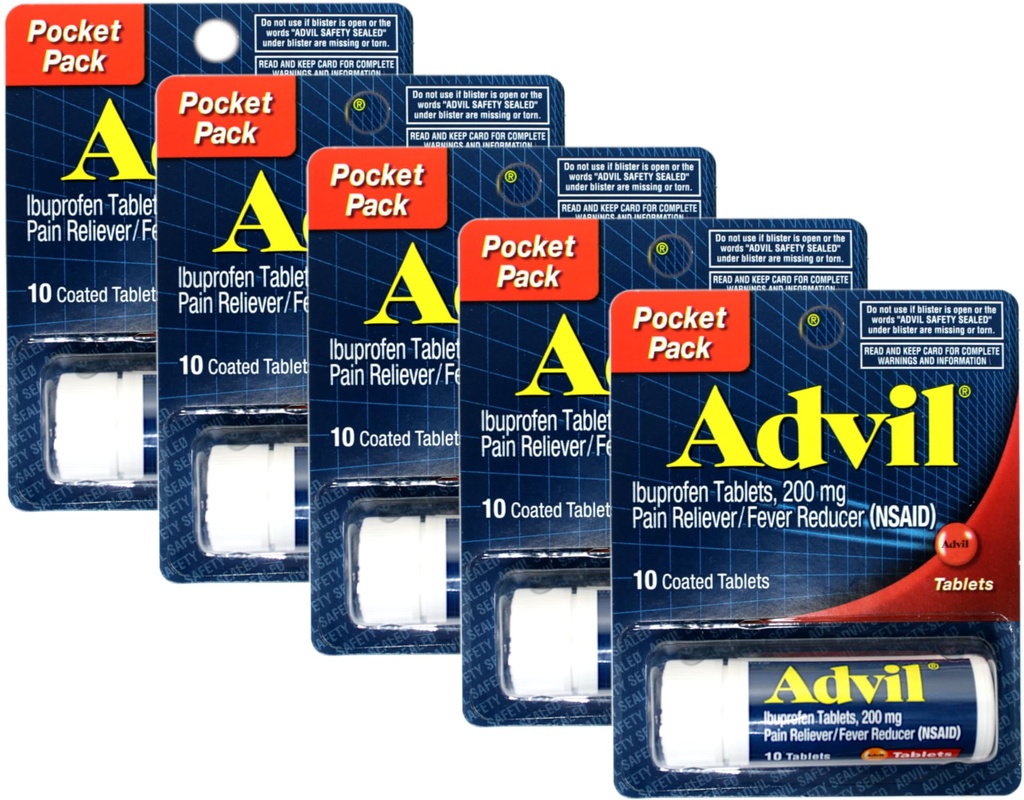 Advil Ibuprofen 200mg (NSAID) Pocket Pack, 10 Επικαλυμμένα δισκία (πακέτο των 5)