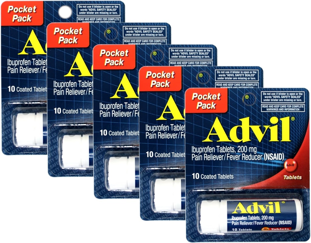 Advil Ibuprofen 200mg (NSAID) Pocket Pack, 10 Επικαλυμμένα δισκία (πακέτο των 5)