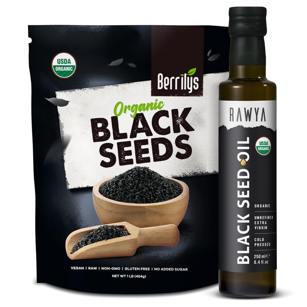 RAWYA Black Seeds + Black Seed Oil - USDA Organik sertifikalı, Cold Pressed, Nigella Sativa, Cumin Seed Oil, Kalonji, Premium Quality, High Thymoquinone, Pure & Natural, 8.4 Oz + 16 Oz Tohumlar