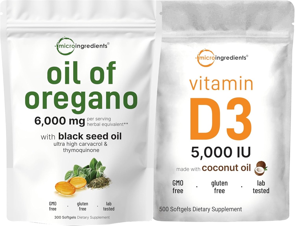 Micro Ingredients Oil of Oregano Softgels 6.000mg Per Serving & Vitamin D3 5.000 IU Bundle Pack 