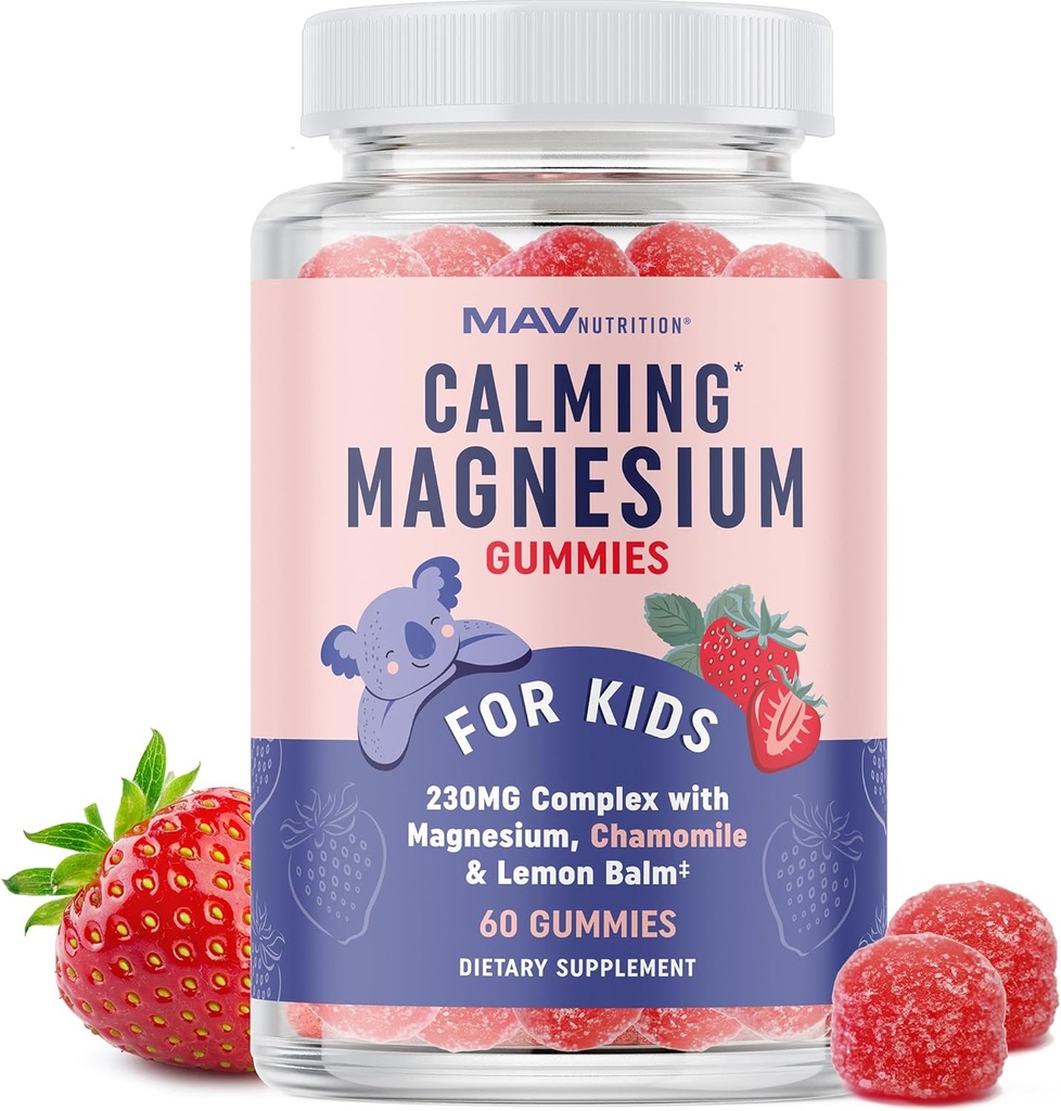 Magnesium Calming Gummies for Children | Strawberry | Relaxation & Natural Wake-Sleep Cycles | Relaxing Magnesium for Kids with Chamomile & Lemon Balm | Non-GMO, Gluten-Free | Calm Gummies 60ct
