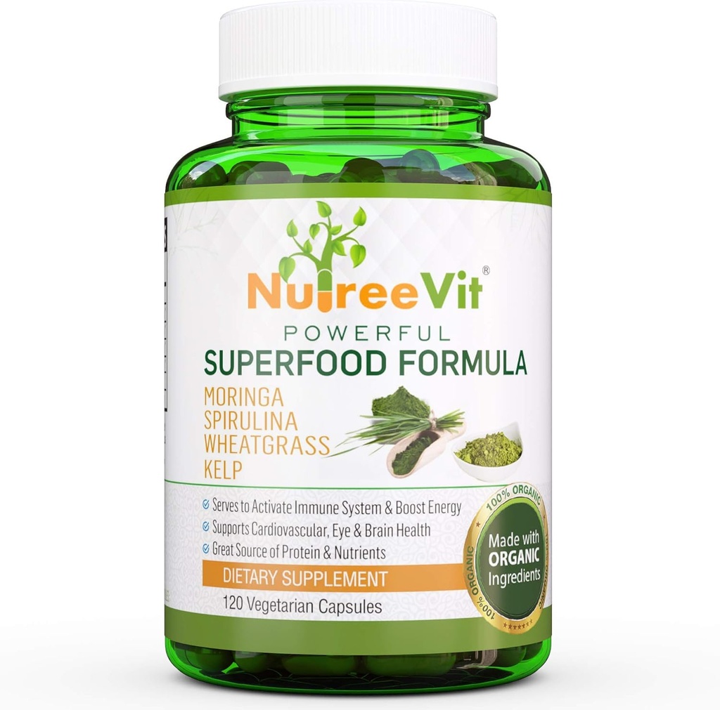 NutreeVit 100% Organik Güçlü Superfood Formula - Moringa, Spirulina, Buğdaygras ve Kelp - 90 Şişe Kont