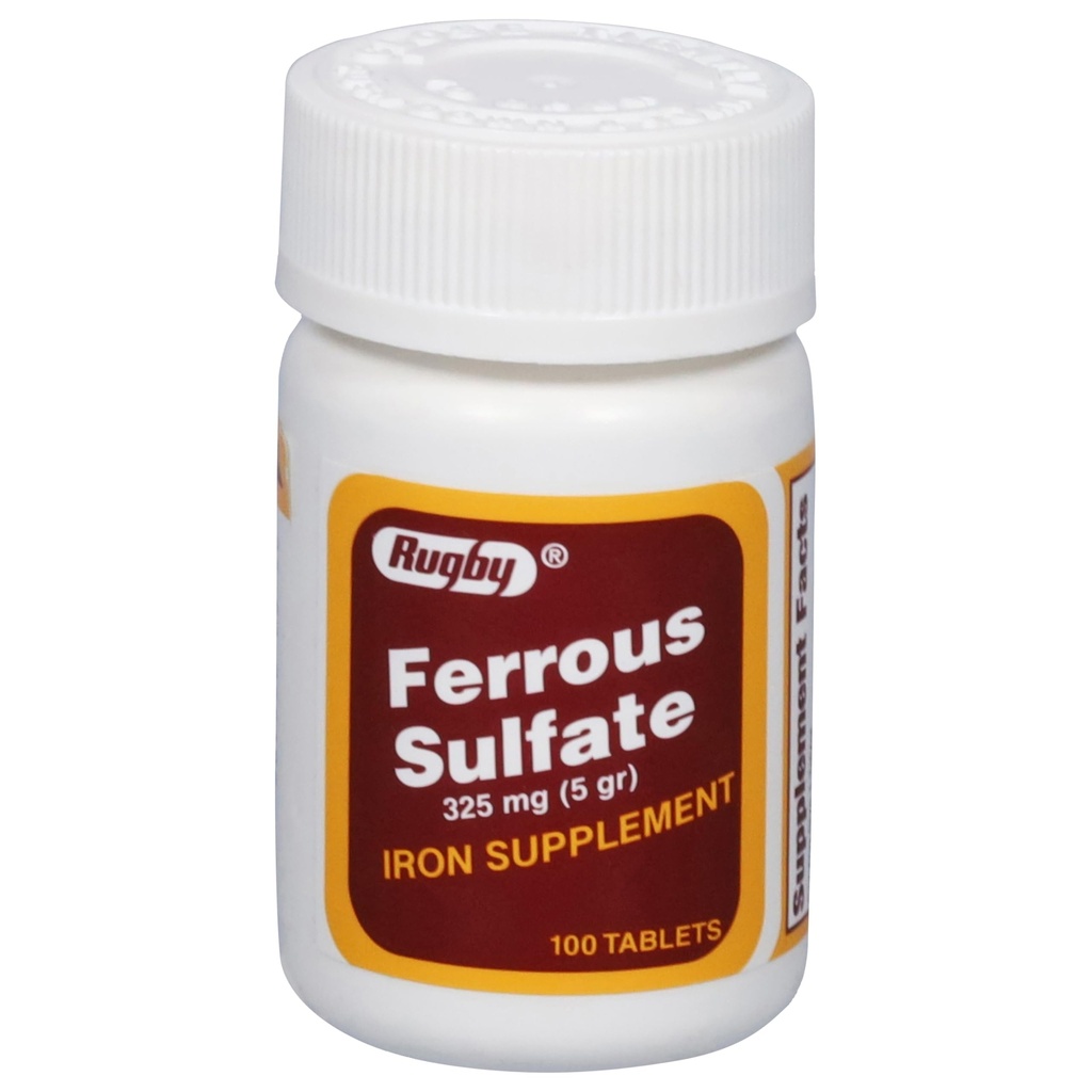 Rugby Ferrous Sulfate 325 mg Tabletler - Kadınlar ve Erkekler için Demir Supplement - 100 Count (1 Pack)