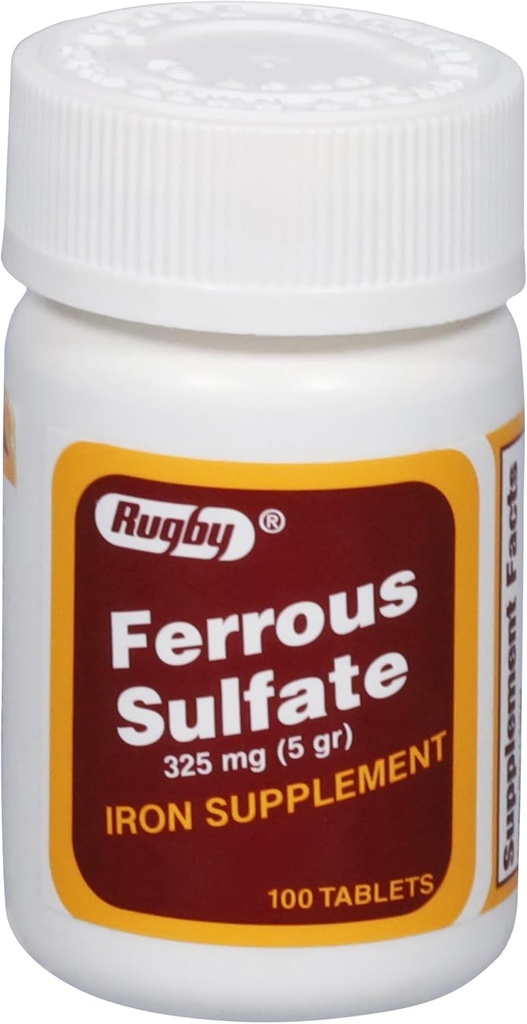 Rugby Ferrous Sulfate 325 mg Tabletler - Kadınlar ve Erkekler için Demir Supplement - 100 Count (1 Pack)