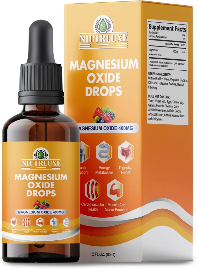 Sıvı Oksit 400 mg Drops - Bone, Muscle, and Heart Health, Sublingual Magnezyum, High Potency, Easy-to-Absorb, 60 ml