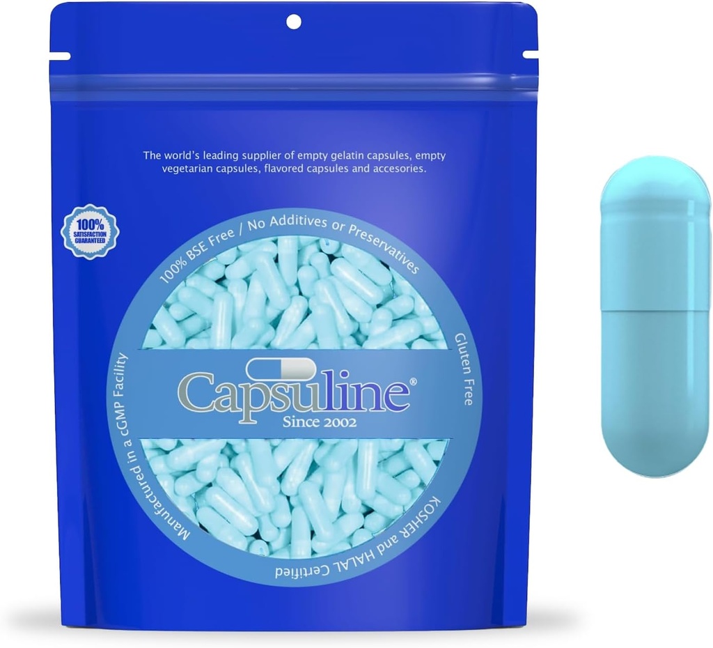 Capsuline Colored Uzunluk 00 Boş Vegan Capsules - 1000 Kont - Boş Veggie Pill Capsules - DIY Sebze Kapsülü - Boş Caps - Kosher ve Halal Sertifikalı - Non-GMO sertifikalı (Aqua Blue)