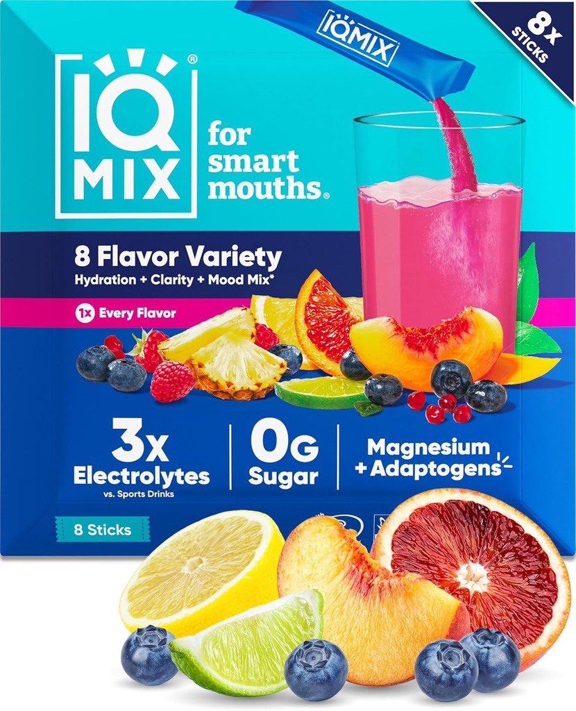 IQMIX Hydration Electrolyte Powder - 4-σε-1 Formula for Hydration, Mental Clarity, Mood & Recovery - Χωρίς ζάχαρη, Keto Drink Mix with Magnesium L-Threonate & Lion’s Mane - 8-Count Sampler (All Flavors)