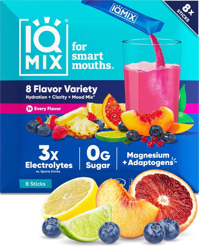 IQMIX Hydration Electrolyte Toz - 4-in-1 Formula for Hydration, mental Clarity, Mood & Recovery - Sugar-Free, Keto Drink Mix with Magnezyum L-Threonate & Lion's Mane - 8-Count Örnekr (All Flavors)