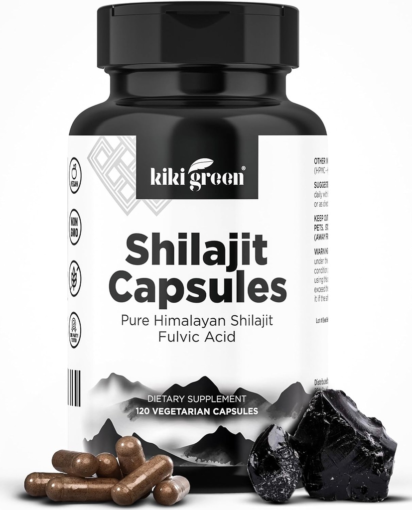 KIKI Green Shilajit Capsules - Himalaya Tamam,% 40 Fulvic Acid ve Trace Mineralleri - Güçlüliğe hizmet etmek için 500 mg, Enerji, Immunity - 120 Vegan Count Count Count