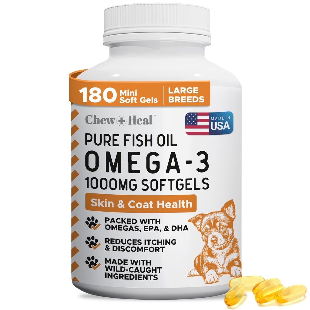 Vahşi Caught Omega 3 Fish Oil for Dogs - 180 Yumuşakgel Capsules for Health Skin and Coat - Büyük 1000 mg Dog Fish Oil Pills for Shedding, Kuru Itching Skin, and Hot Spots - Pet Omega Salmon Supplement