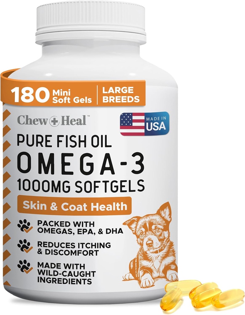 Vahşi Caught Omega 3 Fish Oil for Dogs - 180 Yumuşakgel Capsules for Health Skin and Coat - Büyük 1000 mg Dog Fish Oil Pills for Shedding, Kuru Itching Skin, and Hot Spots - Pet Omega Salmon Supplement