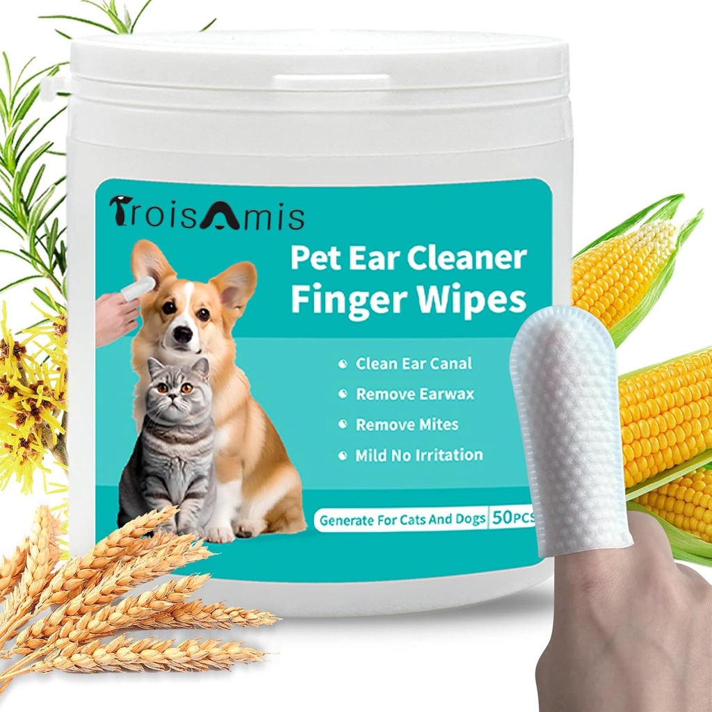 TroisAmis Pet Ear Temizlik Parmakları Köpek ve Kedi için Wipes, Köpek Kulakları Penis ve Doğal Malzemeler ile Wipes, Take Earwax, Debris-Sooth &Deodorize-Relieve Ear Itch & Inflammation-50 Count Wipes