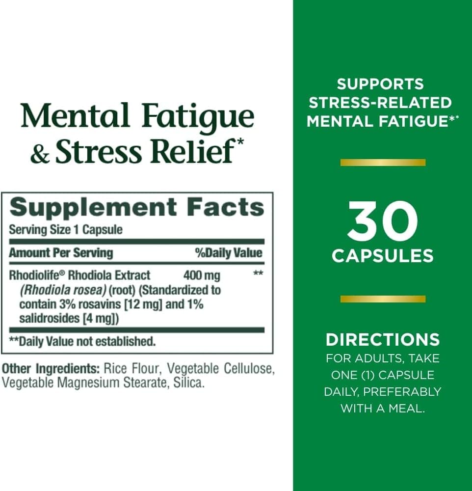 Nature's Bounty mental Fatigue and Stress Relief, Rhodiola Supplement, 400 mg, Capsules, 30 Count (Pack of 2)