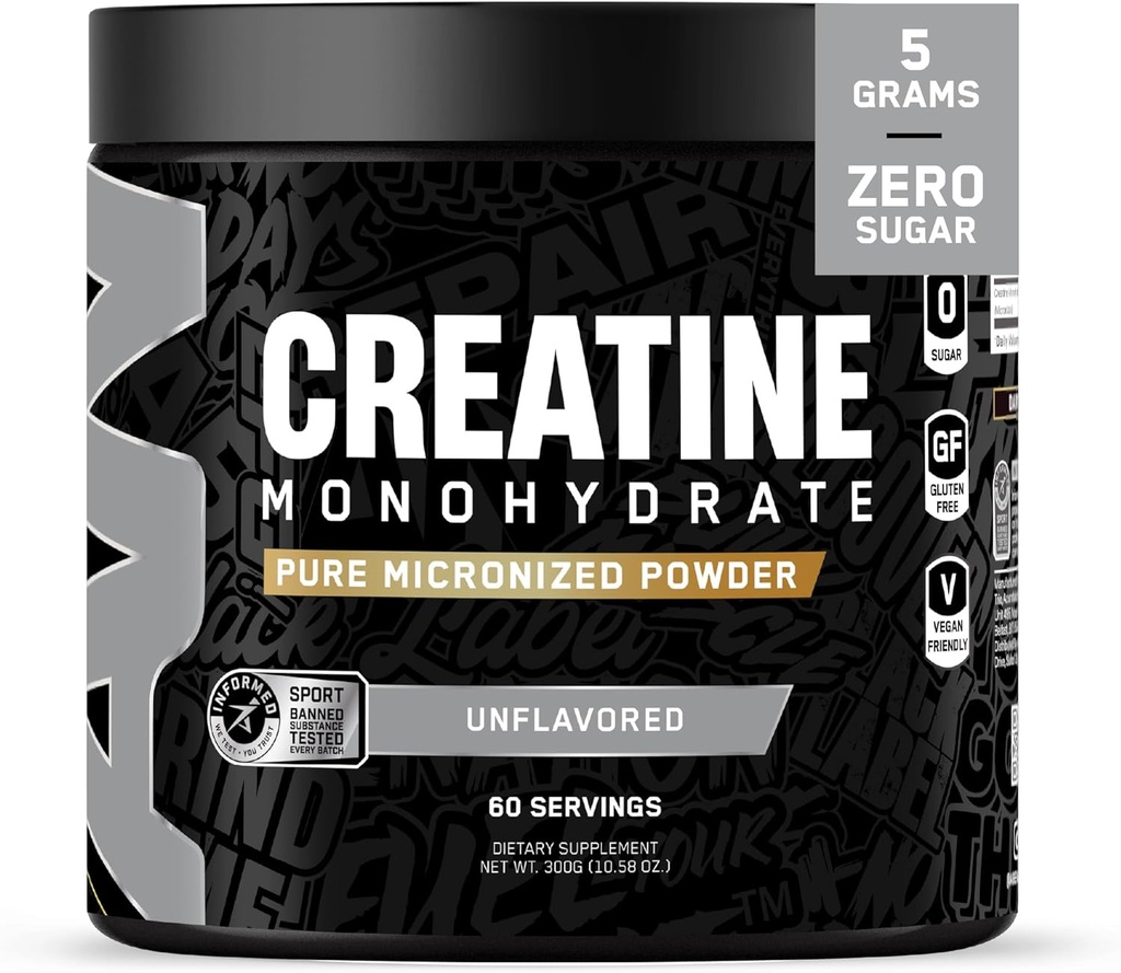 All Black Everything Kretine Monhidrat | 60 Hizmetler | Unflavored | Micronized Amino Asit Toz | Hücre Enerji | Bilişsel Fonksiyonl | Gluten-Free ve Keto Friendly