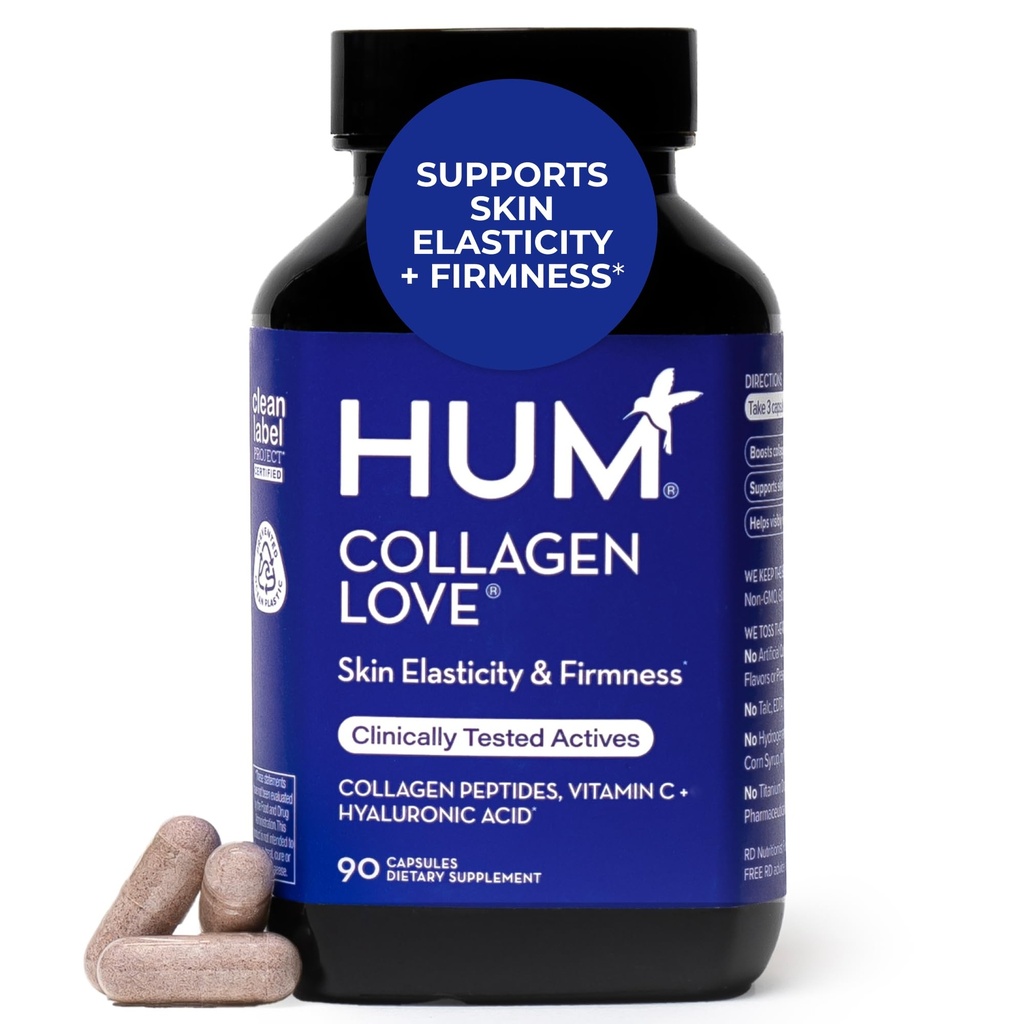 HUM Collagen Love Skin Supplement, Collagen Capsule Capsules with Hyaluronic Acid & Vitamin C, Supports Firma Skin & Helps Minireads of Aging, Supplements for Women and Men, 90 Capsules