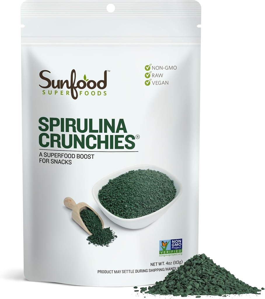 Sunfood Superfoods Spirulina Crunchies - Blue Green Algae, Spirulina Tablets, Chlorophyll Energy Bits from Dried Powder, Raw Vegan Algae Supplement, Non-GMO - 4 oz Bag