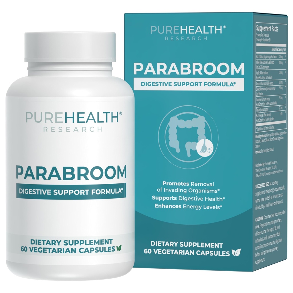 PUREHEALTH Para Parabroom - Gut Cleanse & Health Supplement - Black Walnut, Sweet Wormwood Toz, Turmeric Extract, Olive Leaf, Garlic & Onion - Kadınlar ve Erkekler için Kalıcı Destek 60 Capsules