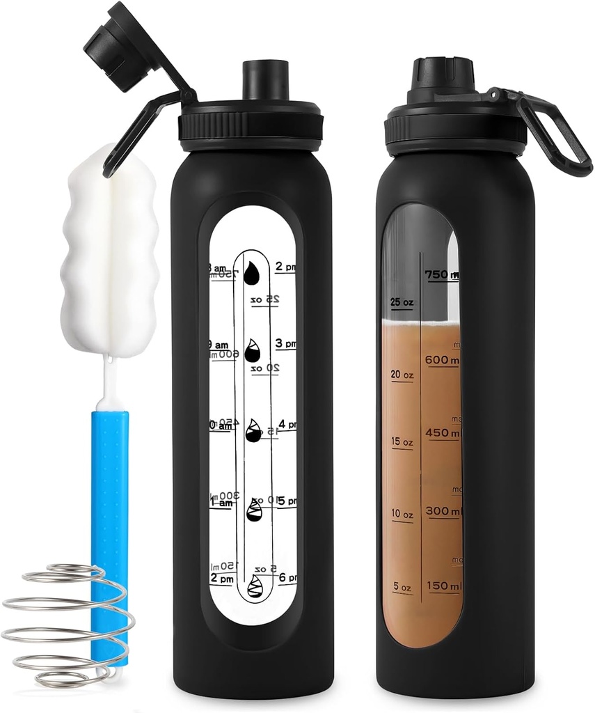 Cam Shaker Şişe 34oz/1L Black Glass Protein Shaker Şişe Protein Mixer Ball için Büyük Shaker Şişeler Çikolata Mixes Portreatif Toz Bataryası Spor Için Şişesi