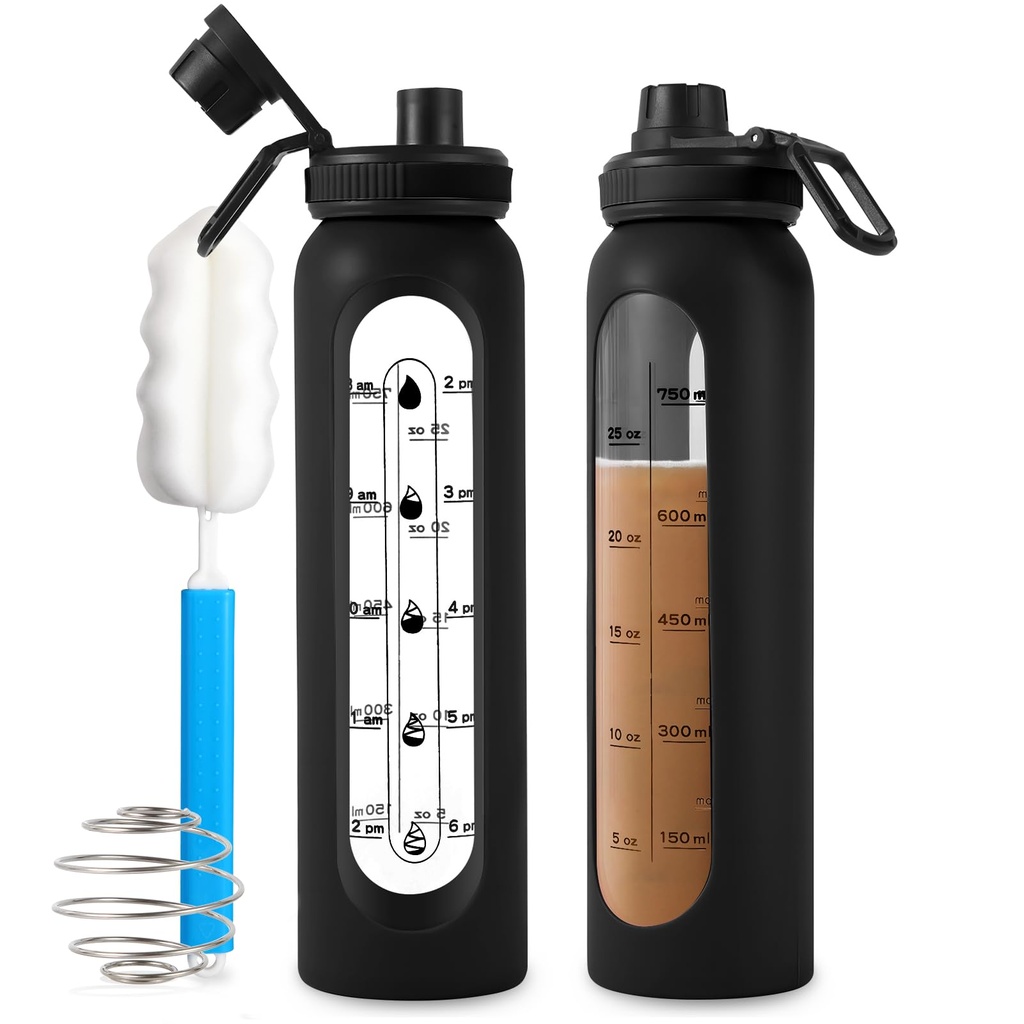 Cam Shaker Şişe 34oz/1L Black Glass Protein Shaker Şişe Protein Mixer Ball için Büyük Shaker Şişeler Çikolata Mixes Portreatif Toz Bataryası Spor Için Şişesi