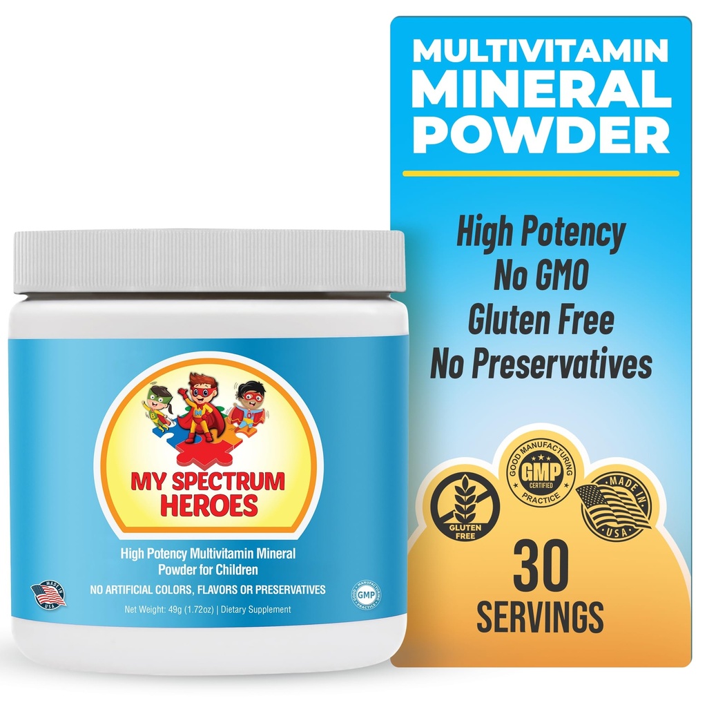 My Spectrum Heroes Kids Powder Multivitamin - συμπλήρωμα σκόνης, καλύτερη απορρόφηση, μη-GMO, μη-Gluten, χωρίς τεχνητά συστατικά - Νευρική βοήθεια για τα παιδιά στο φάσμα - 30 εξυπηρετήσεις