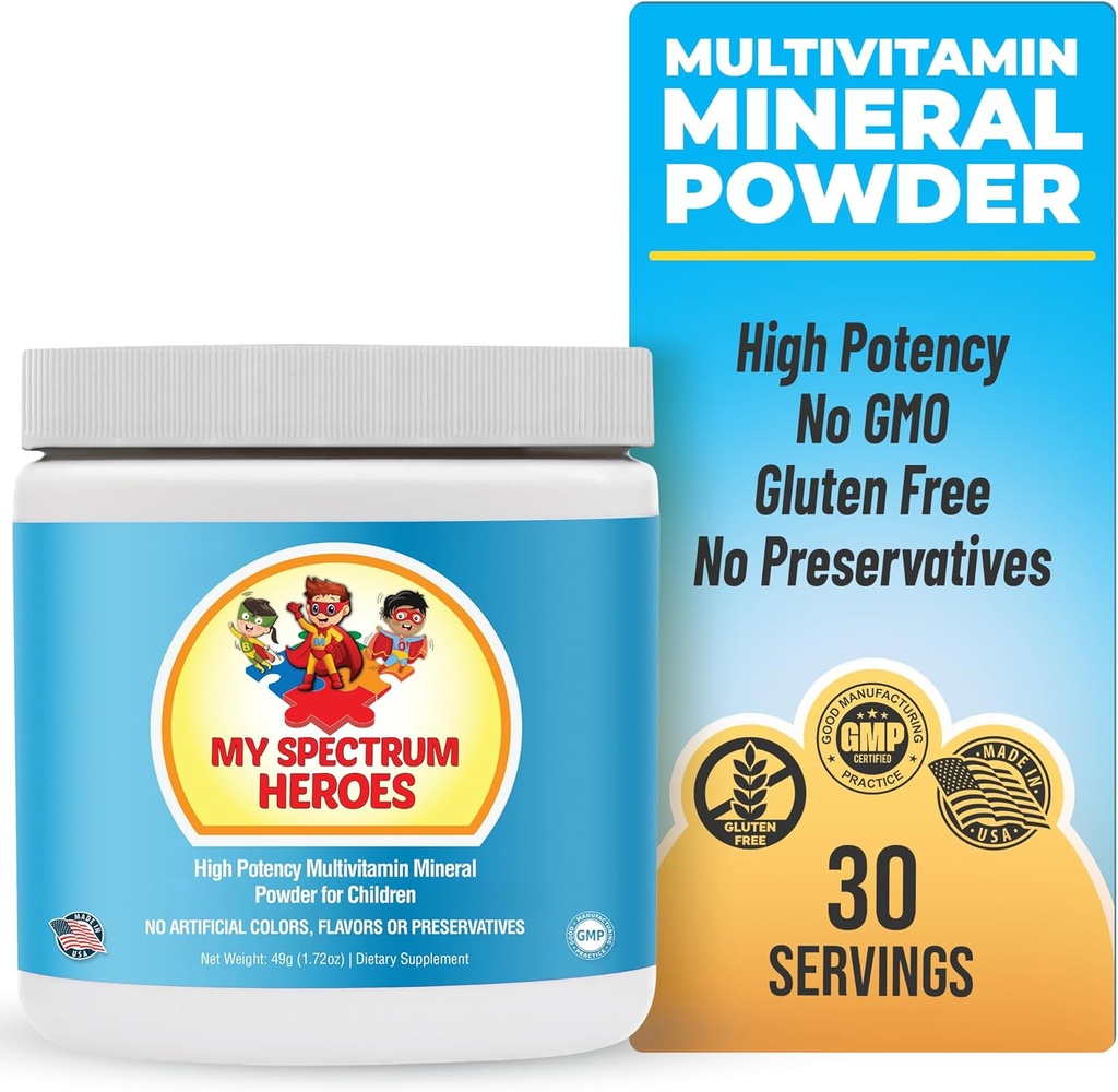 My Spectrum Heroes Kids Toz Multivitamin - Toz Tamam, Daha İyi Aborpsiyon, Non-GMO, Non-Gluten, No Yapay Malzemeler - Neural Spectrum'daki Çocuklara Yardım - 30 Hizmet