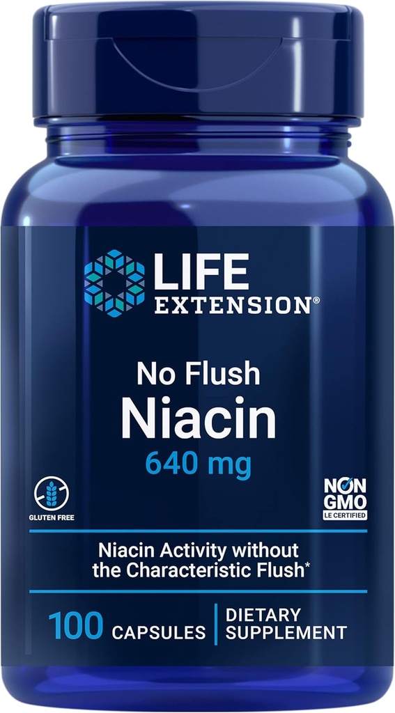 Επέκταση ζωής Δεν Flush Niacin, B3 για την υγεία της καρδιάς, Χοληστερόλης & Ενεργειακής Υποστήριξης, Μη ΓΤΟ, Χωρίς γλουτένη, 100 κάψουλες