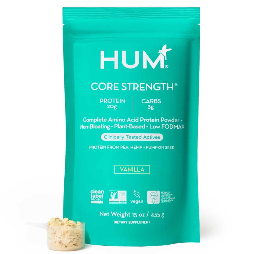 HUM Core Strength Vanilla Vegan proteini Toz, Gluten Free, Plantive, 20g Proteinler, Bakteriler, Pea Hemp & Riley Tohum Proteinleri, Low Fodmap, Gut-Friendly, Easy to Digest, 15 Servisler