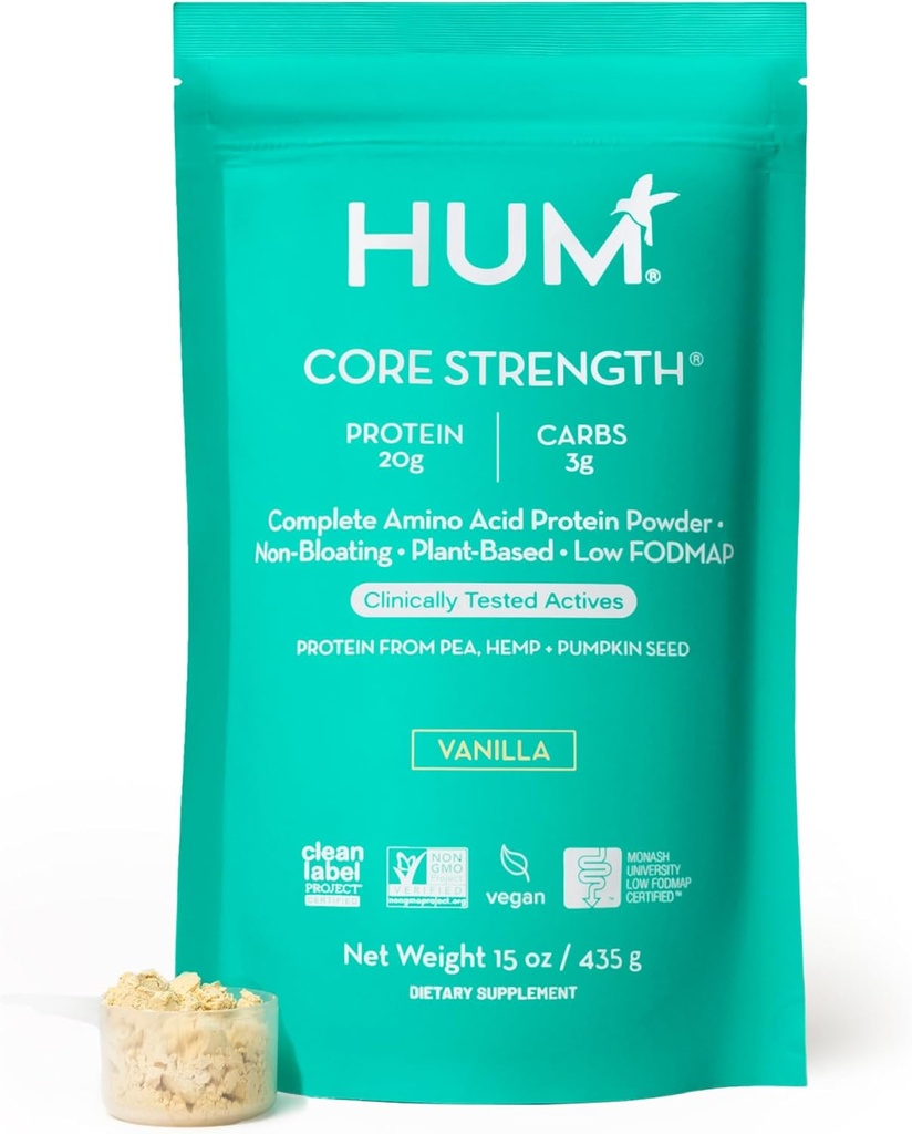 HUM Core Strength Vanilla Vegan proteini Toz, Gluten Free, Plantive, 20g Proteinler, Bakteriler, Pea Hemp & Riley Tohum Proteinleri, Low Fodmap, Gut-Friendly, Easy to Digest, 15 Servisler