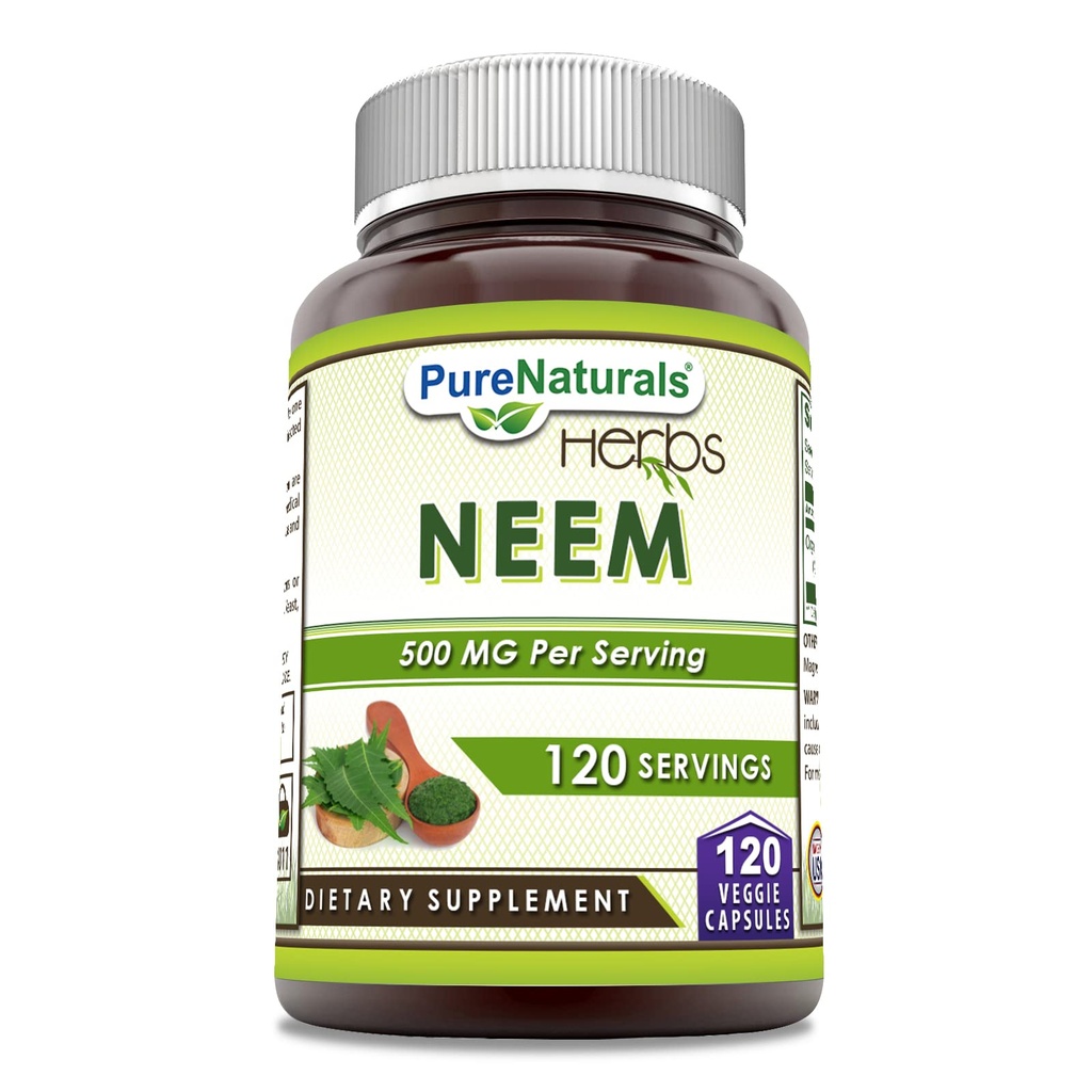 Pure Naturals Neem (Made with Natural Neem Leaf) | 500 mg 120 Veggie Capsules Supplement | Non-GMO | Gluten Free | Made in USA | Ideal for Vegetarians