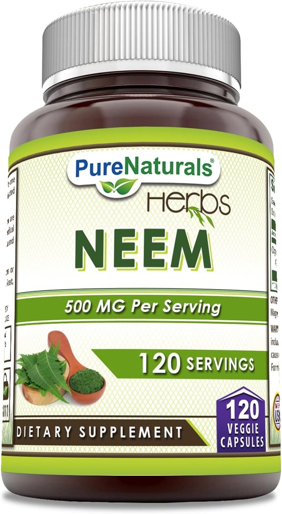 Pure Naturals Neem (Made with Natural Neem Leaf) | 500 mg 120 Veggie Capsules Supplement | Non-GMO | Gluten Free | Made in USA | Ideal for Vegetarians