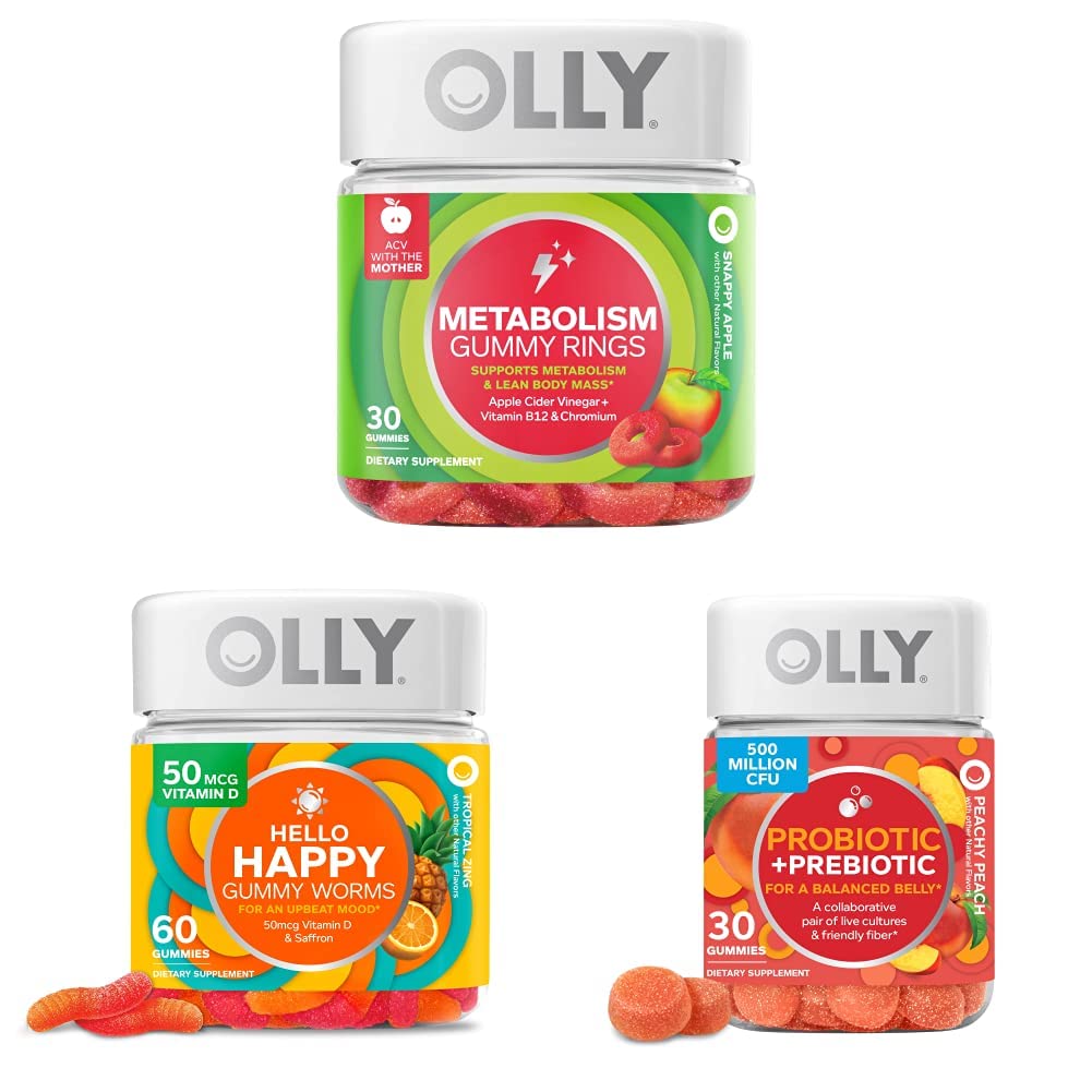 OLLY Μεταβολισμός Gummy Δαχτυλίδια, Apple Cider Ξίδι, Βιταμίνη Β12, Χρώμιο, Ενέργεια και Digestive Υγεία, Chewable συμπλήρωμα, Apple Γεύση - 30 Count and OLLY Γεια Happy Gummy Worms, Mood Balance Support, Vitamin D, Saffron, Adult Chewable συμπλήρωμα, Tropical Zing - 60 Count