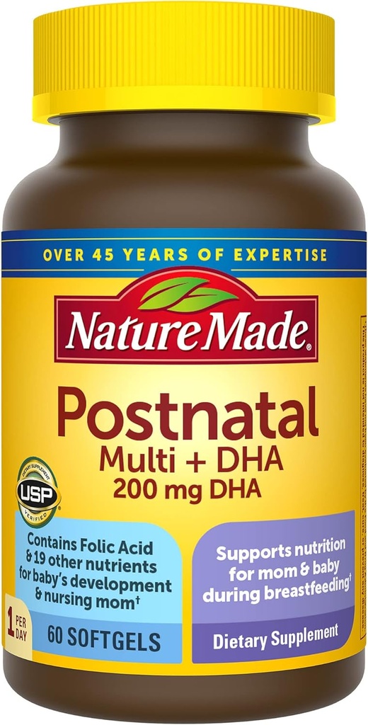 Doğa Made Postnatal Multivitamin + DHA 200 mg, Anne beslenmesi için Postnatal Vitaminler ve Bebekler, Vitaminler & Nutrients Demir, Vitamin D3, Kalsiyum, Iodine ve daha fazlası, 60 Softgels