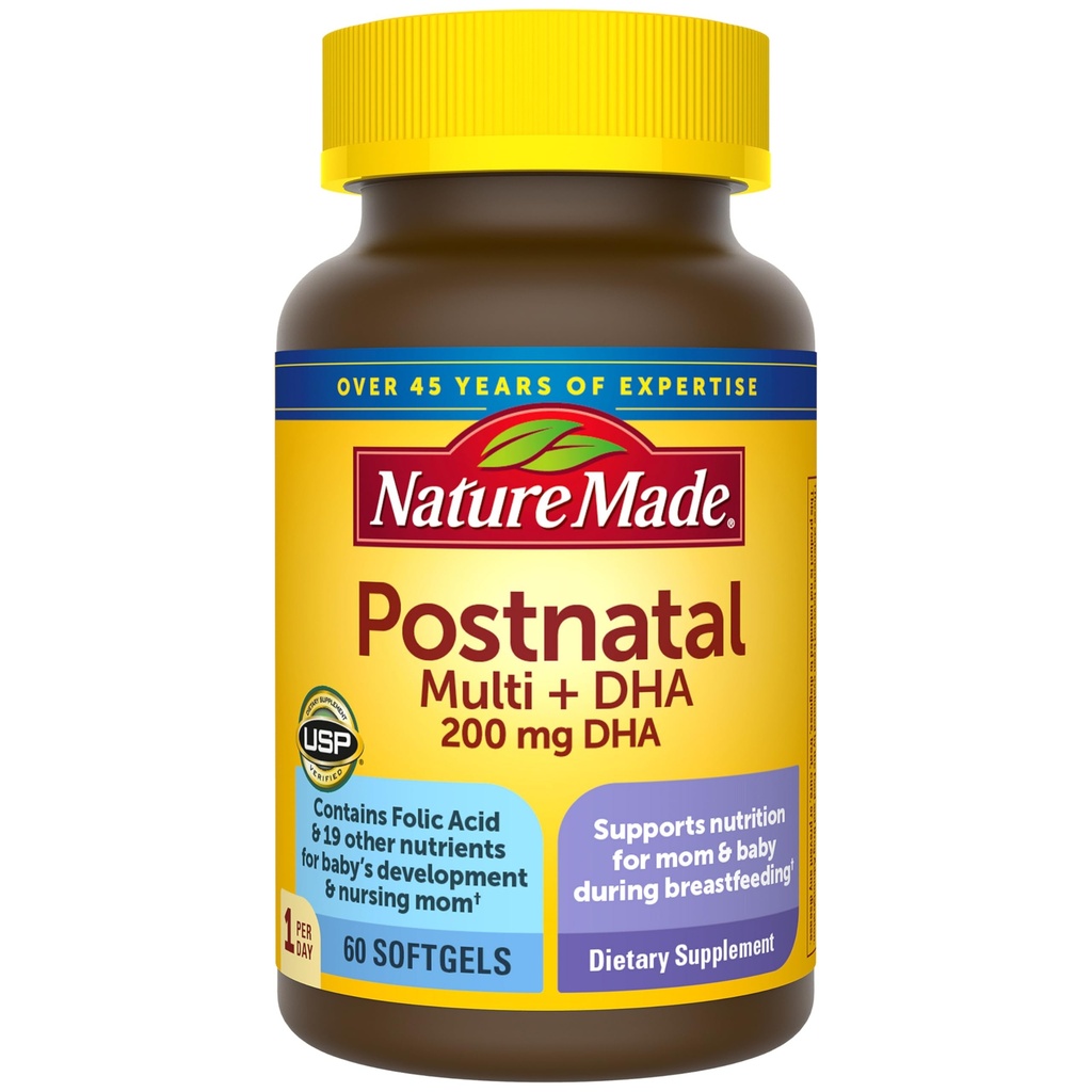 Nature Made Postnatal Multivitamin + DHA 200 mg, Μεταγεννητικές Βιταμίνες για Θηλασμό Moms & Babys, Βιταμίνες & Θρεπτικά συστατικά Περιλαμβάνουν τον σίδηρο, τη βιταμίνη D3, το ασβέστιο, το ιώδιο και άλλα 60 Softgels